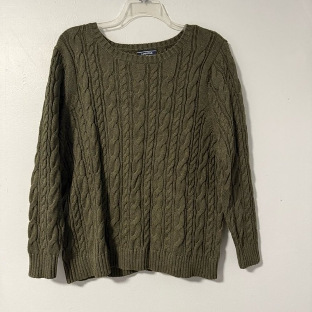 Lands End Drifter Sweater Womens 2X Olive Green Cable Knit Fisherman 100% Cotton